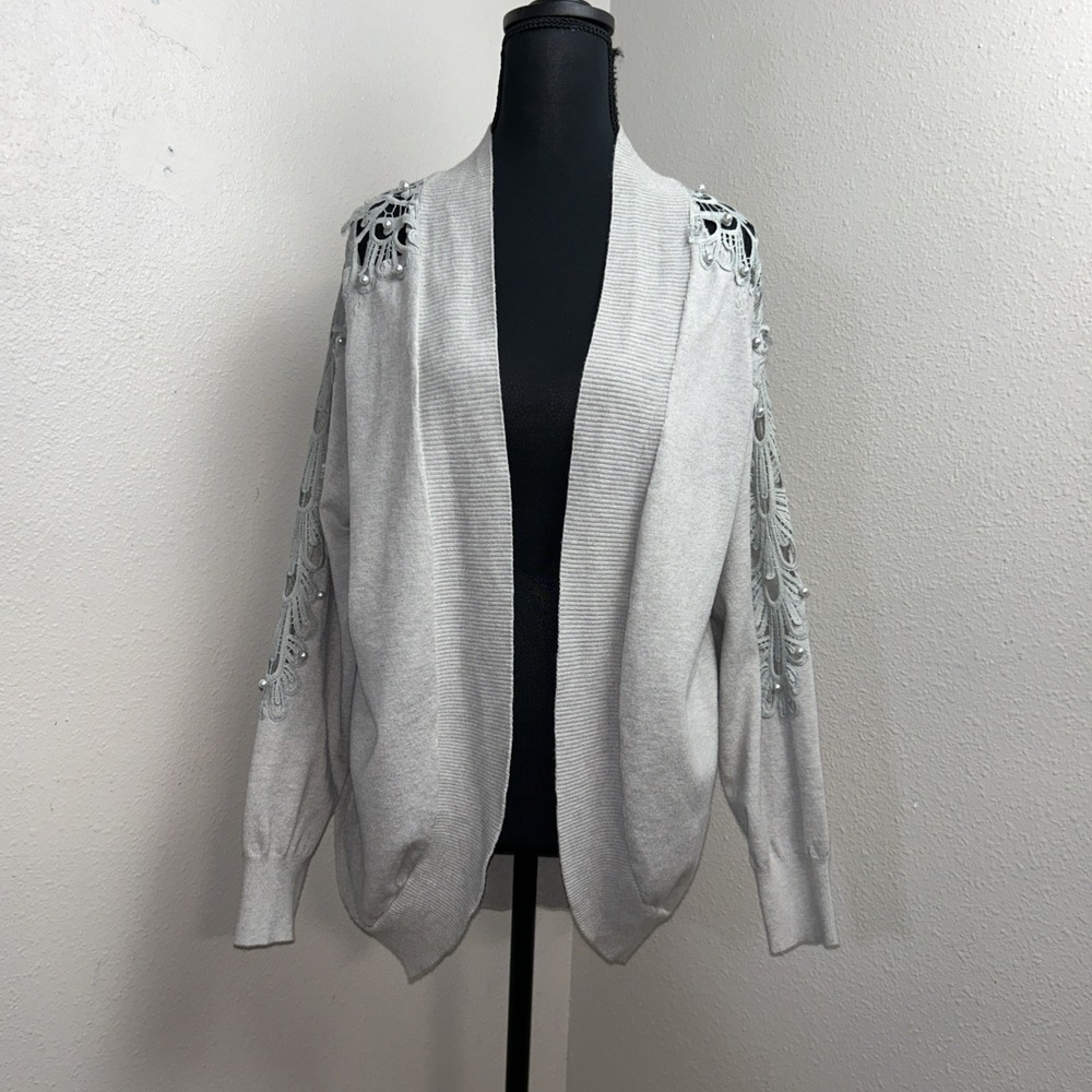 Ember Open Knit‎ Cardigan Sweater Women's Medium Gray Pear Sleeve Detail Holiday